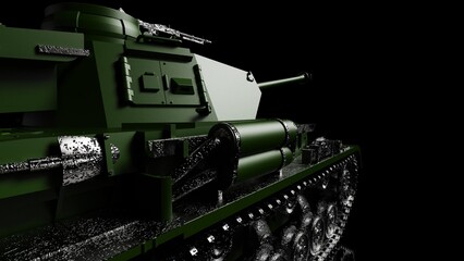 Metallic deep green military tank on black lighting background. Concept image of power strength, dynamic strategy and strong system. 3D illustration. 3D high quality rendering.  