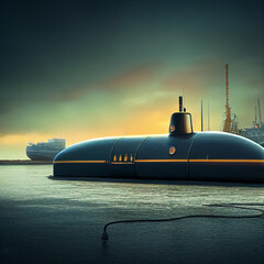 Submarine at periscope depth. 3D rendering.	