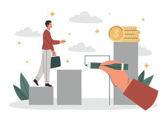 Concept of supporting. Man will climb up posts, which hand with pencil draws for him. Financial literacy, evaluation graphs and charts. Talented Entrepreneur. Cartoon flat vector illustration