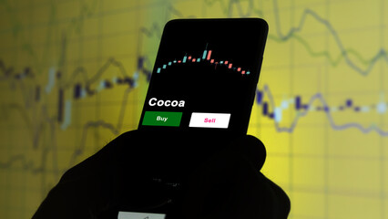An investor's analyzing the cocoa etf fund on screen. A phone shows the cacao ETF's prices food to invest