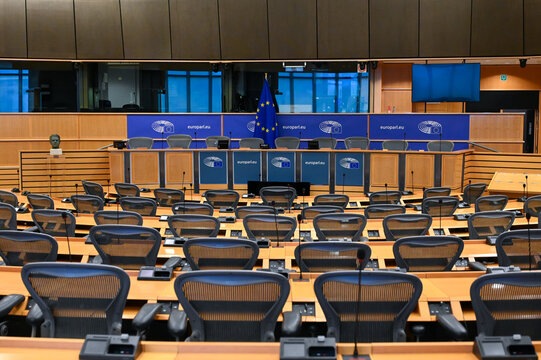 Brussels, Belgium: Conference room in EU parliament. Inside of European Parliament. Institution of European Union.