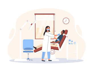 Dentist at workplace. Woman in medical coat in dental office with patient. Dentistry and oral care. Health and hygiene. Man came to professional. Poster or banner. Cartoon flat vector illustration