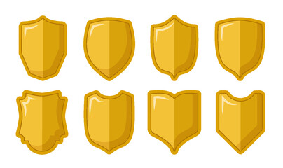 Shields golg flat icon set. Different shapes guard security sign. Business strong safety symbol. Police badge template. Knight heraldic award medieval royal vintage military emblem. Virus protection