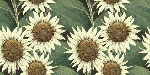 Nahtlose Sonnenblume mit Blättern. Vintage botanische 3D-Illustration zum Bedrucken von Stoff, Geschenkpapier, Verpackung.