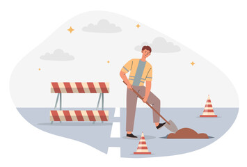 Fototapeta premium Road works concept. Man with shovel digs hole, worker fixes problems. Work outdoors, comfort in city. Industry and construction metaphor. Poster or banner for website. Cartoon flat vector illustration