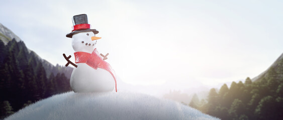 happy snowman on top of a snowy mountain