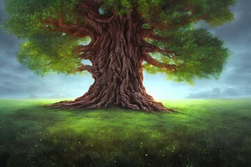 An illustration of a huge ancient tree in a meadow