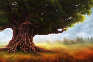 An illustration of a huge ancient tree in a meadow