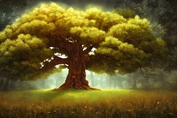 An illustration of a huge ancient tree in a meadow