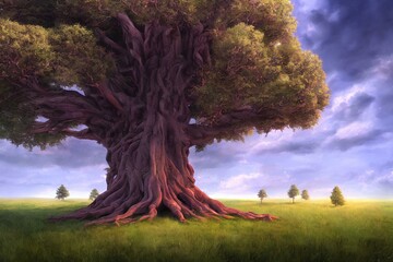 An illustration of a huge ancient tree in a meadow