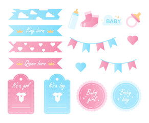Baby shower set. Collection of stickers for social networks. Greeting postcard design. Flags and hearts, bottle of milk, pacifier. Cartoon flat vector illustrations isolated on white background