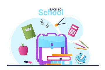 Back to school. September 1 and international holiday of knowledge. Education and training. Advertising poster or banner for website. Greeting postcard design. Cartoon flat vector illustration