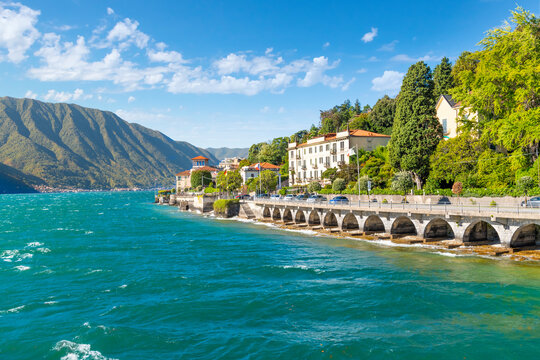 The colorful Italian village of Tremezzina, Italy, on the shores of Lake Como in the Lombardy region of Northern Italy.