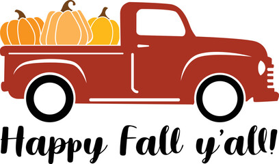 Fall pickup truck design woth pumkins and happy Fall y'all text. - obrazy, fototapety, plakaty