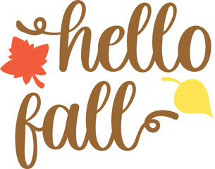 Hello Fall text design with autumn leaves.