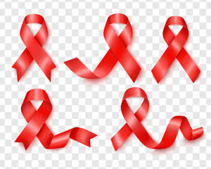 A set of red ribbons for leukemia and AIDS charities, a collection of various realistic icons for important purposes - a vector illustration highlighted on a transparent background.