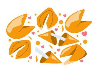 Naklejka premium Set of cookies. Collection of stickers for social networks, messengers and graphic elements for website. Sweets with wishes inside. Cartoon flat vector illustrations isolated on white background