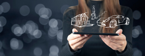 illustrated house, car and businessman climbing stairs. The woman is holding a phone.