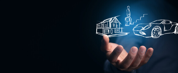 illustrated house, car and businessman climbing stairs. Career growth concept