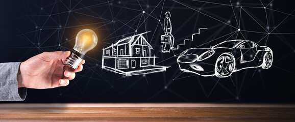 illustrated house, car and businessman climbing stairs. Light bulb in hand.