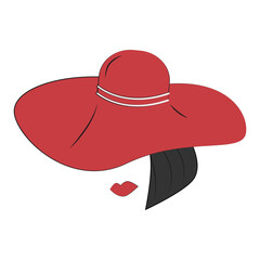 An abstract stylized drawing of a female face with red lips and wide-brimmed hat. Sticker. Isolate