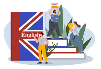 People with English books. Characters learning international language. Interaction and communication. Education, learning and training. Poster or banner for website. Cartoon flat vector illustration
