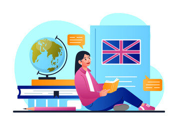 English school concept. Young girl sits with book in front of British flag. Student remotely learns international language for communication and interaction. Cartoon flat vector illustration © Rudzhan