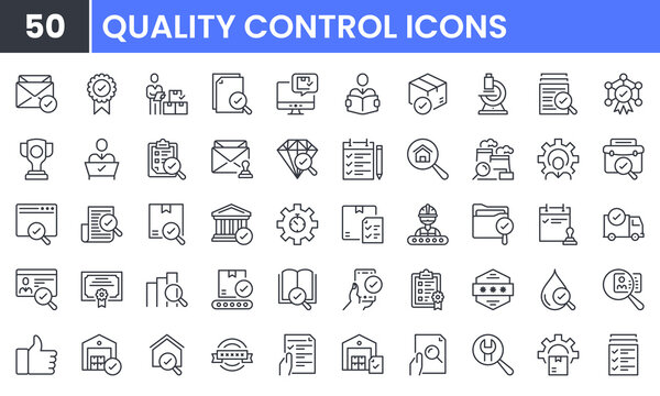 Quality Control vector line icon set. Contains linear outline icons like Inspection, Approve, Check, Examination, Verify, Review, Microscope, Analysis, Risk, Package . Editable use and stroke.