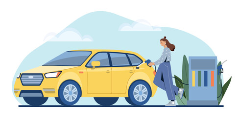 Gas station concept. Woman fills her car with fuel. Traveling by vehicle, motorist. Emission of hazardous waste and environmental issues. Poster or banner for website. Cartoon flat vector illustration