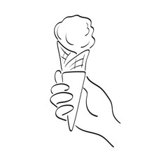 line art closeup hand holding cone  ice cream illustration vector hand drawn isolated on white background