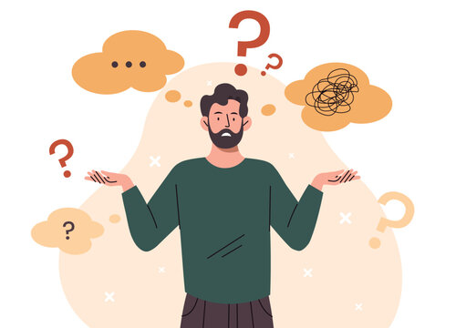 Person shrugging concept. Man does not know answer to question, metaphor for uncertainty and chaos. Emotions, gestures and facial expressions. Poster or banner. Cartoon flat vector illustration