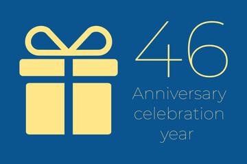 46 logo. 46 years anniversary celebration text. 46 logo on blue background. Illustration with yellow gift icon. Anniversary banner design. Minimalistic greeting card.  fourty-six  postcard