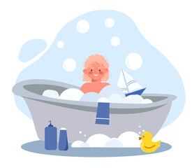 Child in bath. Happy girl washes with soap bubbles at bathroom. Cleanliness, health care and hygiene. Routine and household chores. Poster or banner for website. Cartoon flat vector illustration
