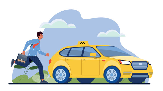 Man with taxi. Transportation, poster or banner for website. Service, travel and comfort. Symbol of parking and fast delivery. Yellow automobile and vehicle. Cartoon flat vector illustration