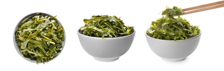 Set with fresh laminaria (kelp) seaweed on white background. Banner design