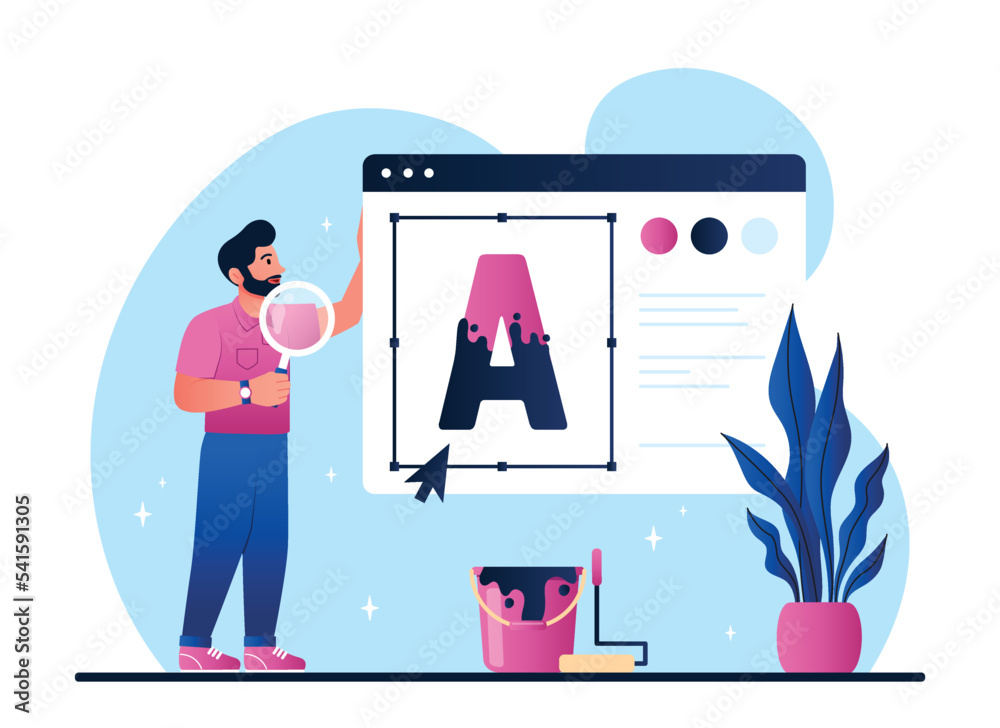Poster concept of rebranding. man develops design elements for website, creates interface for programs and 