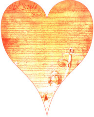 Paper heart with the preamble of the U.S Constitution and lady liberty with a faded grunge overlay.