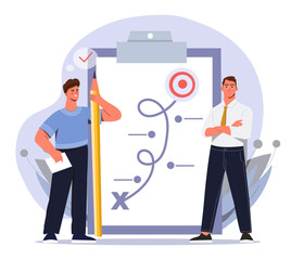 Man with planner. Young guy with pencil sets goals. Vision of future and planning. Way to goal, poster or banner for website. To do list, motivation and leadership. Cartoon flat vector illustration