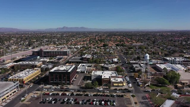 Gilbert, Arizona, USA - January 4, 2022: Sunlight shines on historic downtown Gilbert.