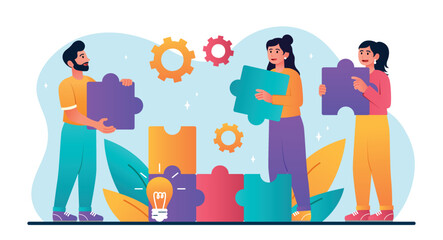 Obraz na płótnie Canvas People connecting puzzle elements. Man and woman standing with puzzles. Cooperation and collaboration, teamwork and partnership. Employees working on common project. Cartoon flat vector illustration