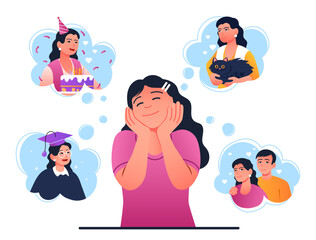 Woman with nostalgia. Young girl recalls best moments of her life, loved one, graduation from institute and holidays. Positivity and potimism. Poster or banner. Cartoon flat vector illustration