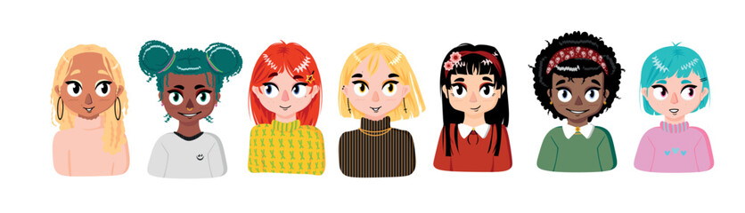 Vector illustration. Set of girls avatars. Girlfriends. Many people. Characters. People in a row. Various hairstyles and outfits.