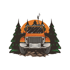 hand drawn illustration of smoking skull with off road jeep car