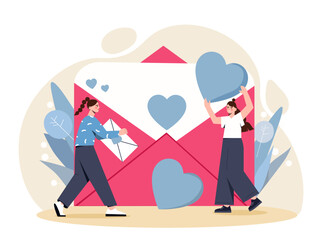 Love message concept. Women with hearts near envelope. Romantic correspondence, communication in social networks and instant messengers. Internet interaction. Cartoon flat vector illustration