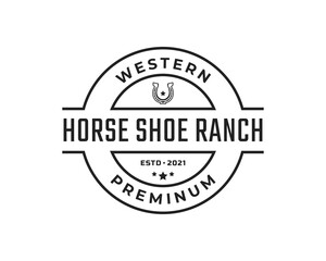 Obraz premium Vintage Retro Badge Emblem Shoe Horse for Country, Western ,Cowboy Ranch Logo Design Linear Style