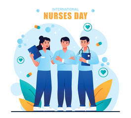 International nurses day. Men and women in medical uniforms. Poster or banner for website. Holiday and festival. Doctors with pills and drugs. Greeting card design. Cartoon flat vector illustration