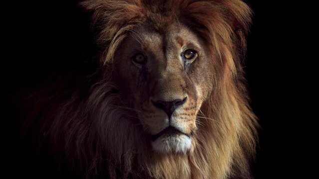 Portrait of a Beautiful lion, lion in dark. An adult lion resting in the sunlight. Lion at rest. 4K Slow motion video, ProRes 422 10 bit