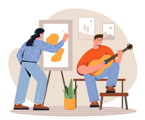 Creative hobby concept. Man plays guitar and woman paints abstract painting on canvas. Characters make art, create something new. Leisure and rest. Poster or banner. Cartoon flat vector illustration
