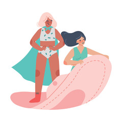 Period or Menstruation with Female in Underwear and Cape on Pad Vector Illustration