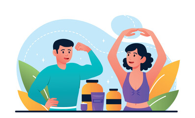 Healthy fitness nutrition. Man and woman go in for sports and take drugs to strengthen muscles and burn fat, useful trace elements. Active lifestyle and fitness. Cartoon flat vector illustration